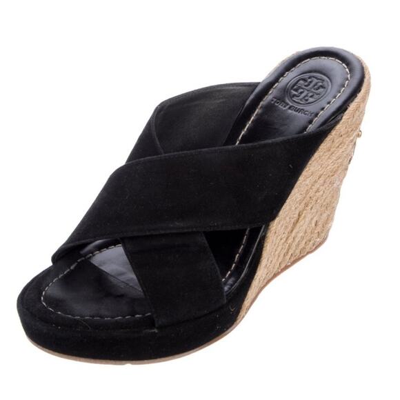 #TORY BURCH Bailey 110mm Wedge Mules Suede Black Size 7.5 - Picture 1 of 8
